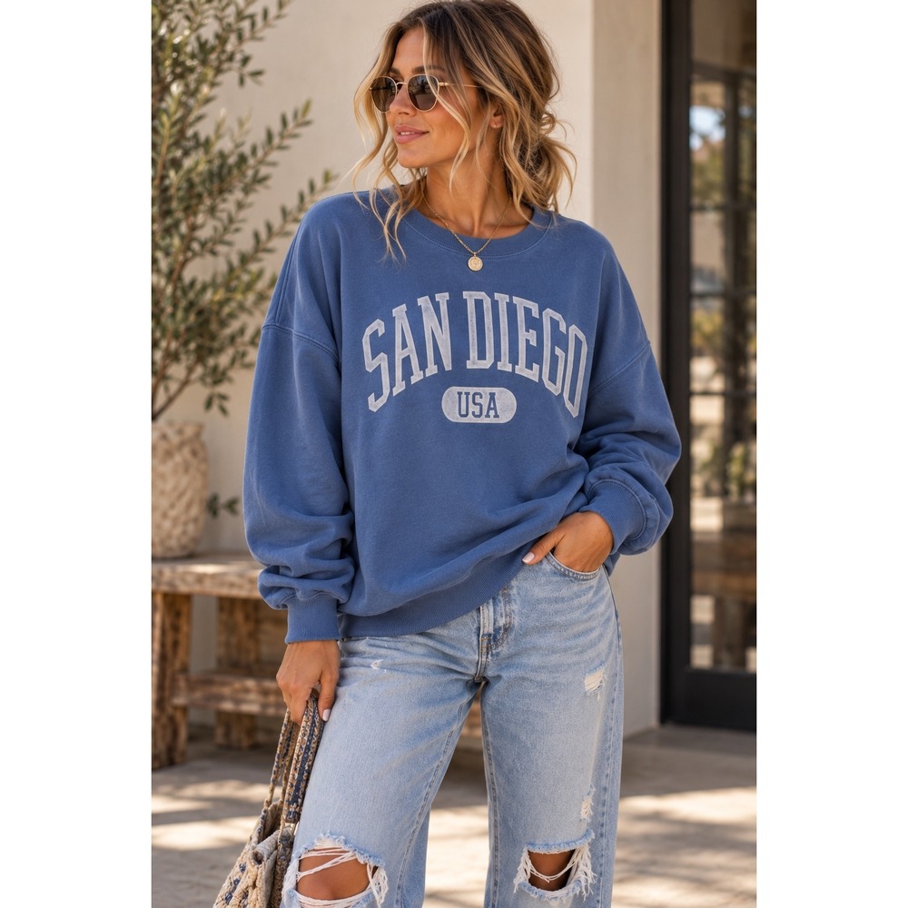 Hollister San Diego USA Oversized Graphic Sweatshirt Blue XL Crewneck Pullover
